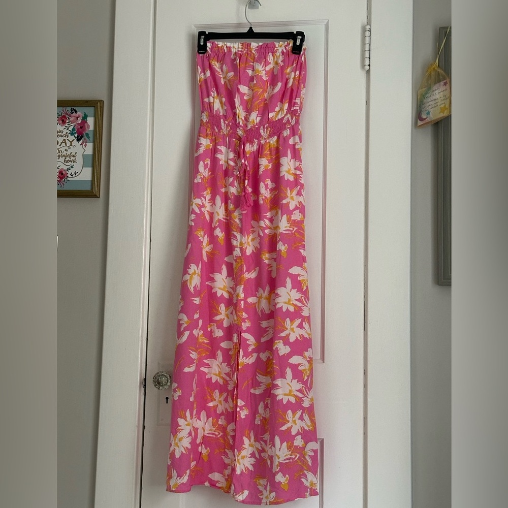 Jessica Simpson Pink & Yellow Tropical Print Dress with front slit | Size  S